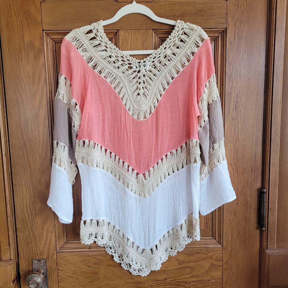 Arianna Coral White Crochet Poncho Top Fringe Boho Beach Cover Up S/M Festival - Picture 3 of 10